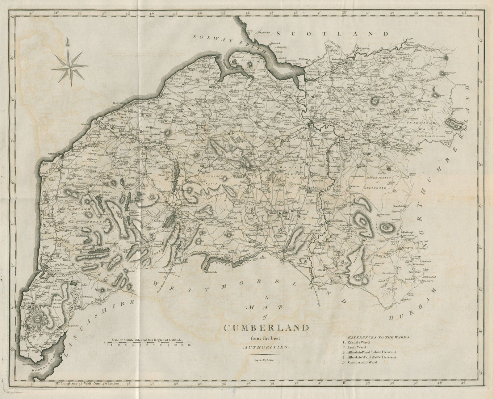 A map of Cumberland from the best authorities. Cumbria county map. CARY 1789